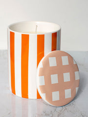 Scented candle in ceramic gingham pot with lid