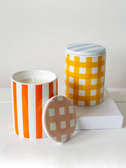 Scented candle in ceramic gingham pot with lid