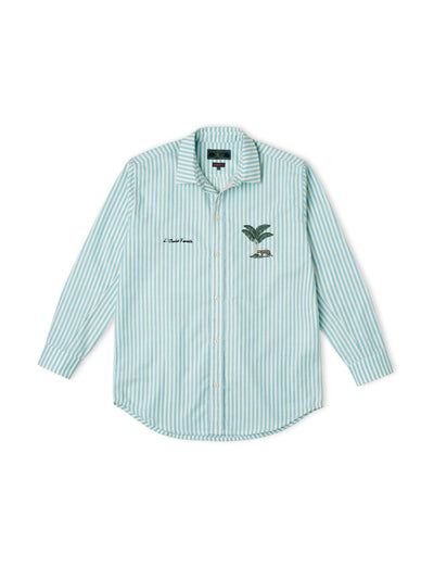 Desmond & Dempsey Turquoise lounge shirt L'Ocelot Femelle embroidery stripe at Collagerie