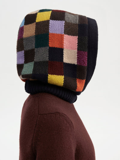&Daughter Patchwork hand knitted Geelong hood in multicolour at Collagerie