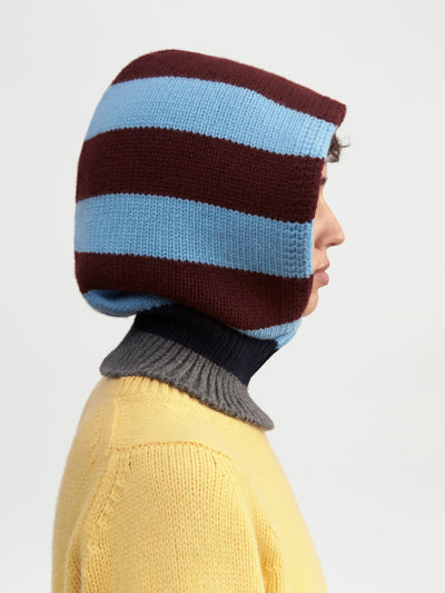&Daughter Hand knitted Geelong hood in blue and brown stripe at Collagerie