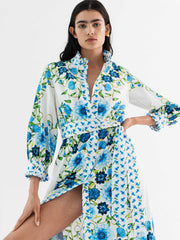 Demi blue floral print 100% cotton maxi shirt dress by Borgo de Nor. Buttons down the front and comes with belt. Summer dress | Collagerie.com