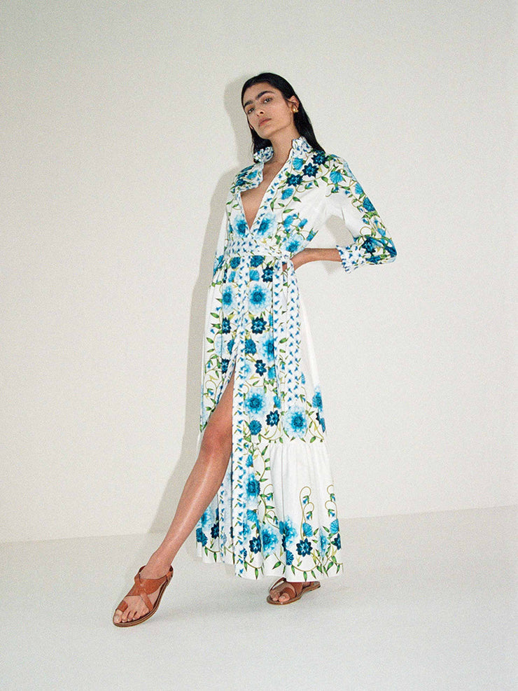 Demi blue floral print 100% cotton maxi shirt dress by Borgo de Nor. Buttons down the front and comes with belt. Summer dress | Collagerie.com