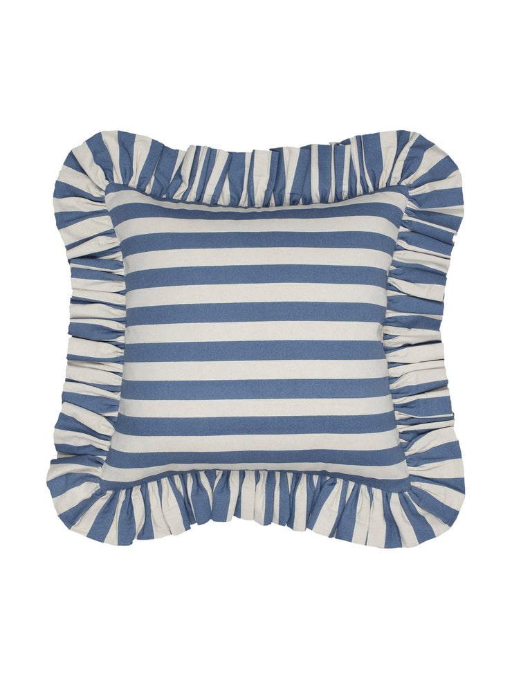 Dark blue Tangier stripe ruffle cushion