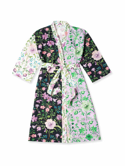 Desmond & Dempsey Persephone floral print patchwork lavender wrap robe at Collagerie