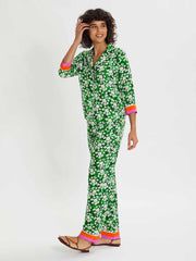 Eden green satin jaquard floral co-ord pyjama set by Borgo de Nor. Green and white floral print with purple and orange trimming | Collagerie.com