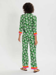 Eden green satin jaquard floral co-ord pyjama set by Borgo de Nor. Green and white floral print with purple and orange trimming | Collagerie.com