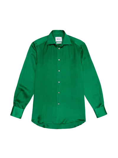 With Nothing Underneath The Boyfriend: emerald green silk shirt at Collagerie