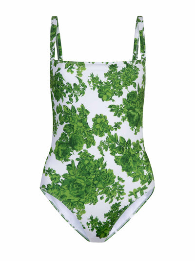 Emilia Wickstead Scarlett green and white rose swimsuit at Collagerie