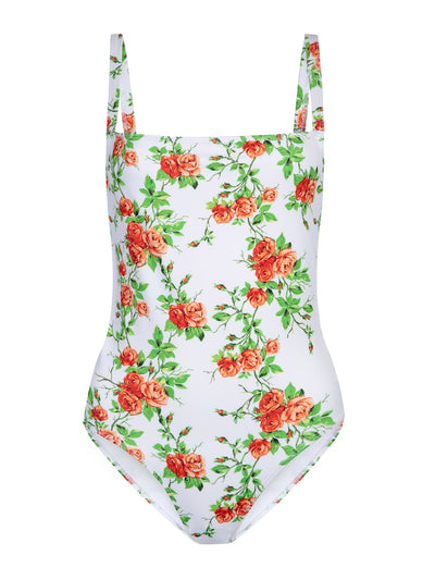 Emilia Wickstead Scarlett orange and green rose swimsuit at Collagerie