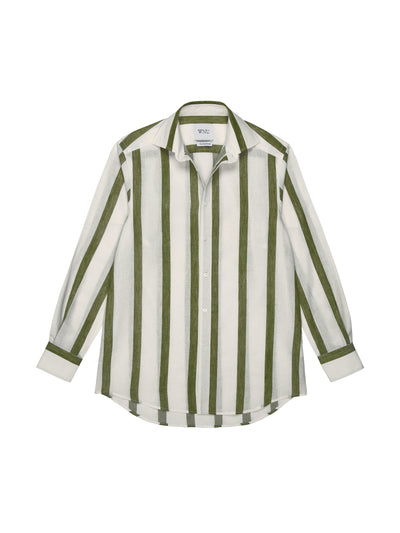 With Nothing Underneath The Boyfriend: khaki stripe weave shirt at Collagerie