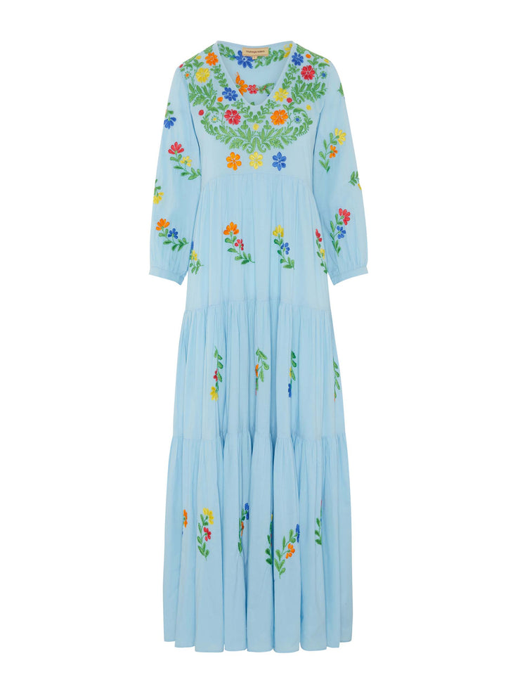 Blue multi frangipani dress