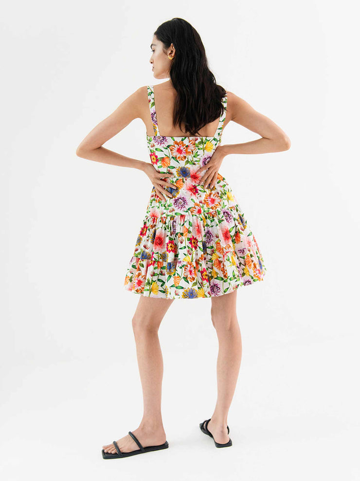 Freddie pink floral tiered cotton mini dress by Borgo de Nor. Square neckline dress with gathered mid-thigh skirt. Multi coloured floral print dress | Collagerie.com