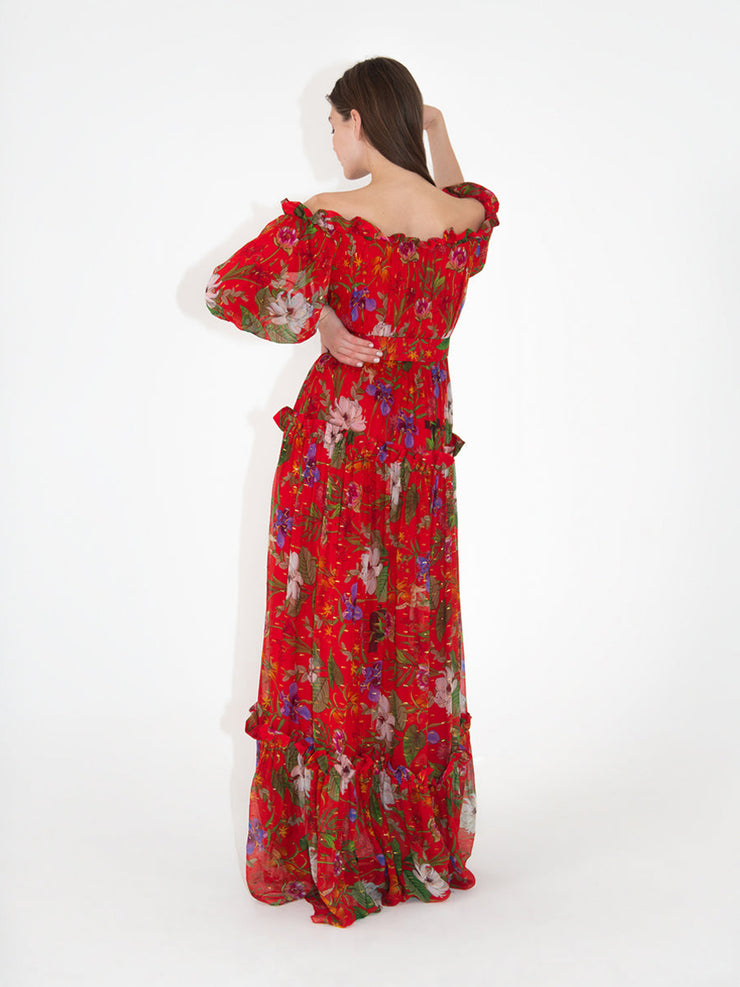Gwendolyn Georgette off-the-shoulder maxi dress in safari red