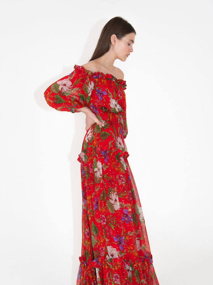 Gwendolyn Georgette off-the-shoulder maxi dress in safari red