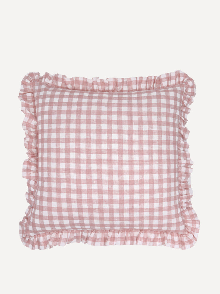 Pink ruffle gingham linen square cushion cover