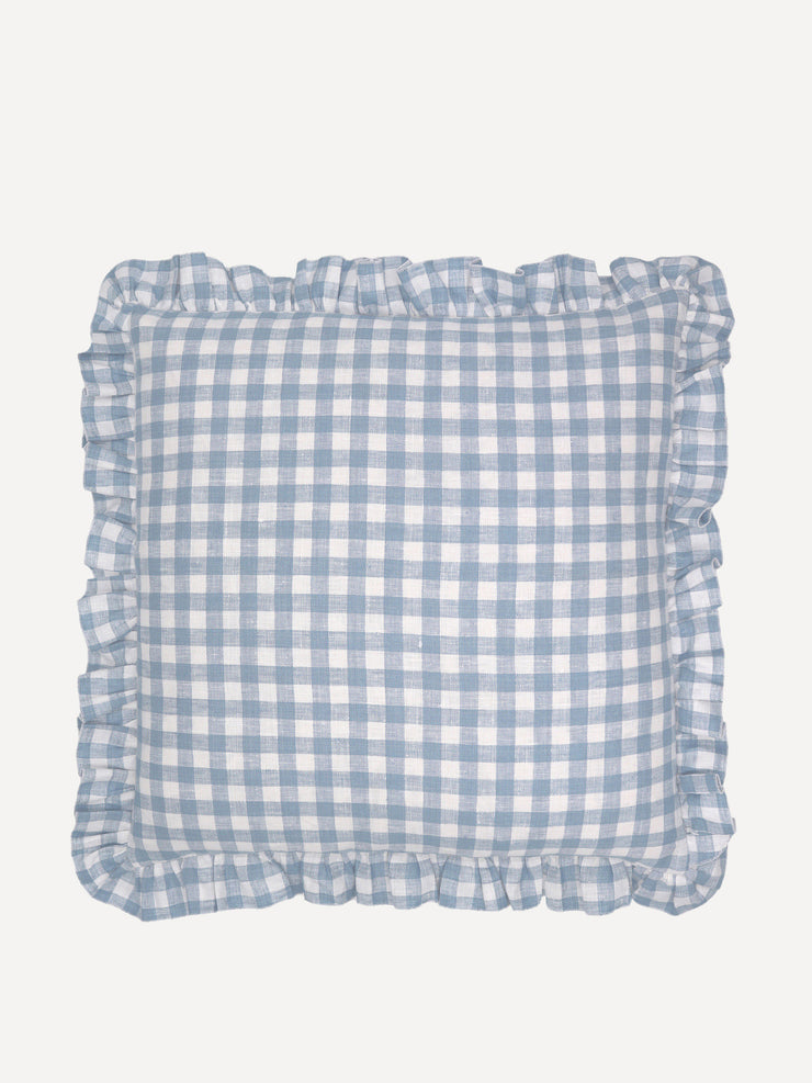 Blue ruffle gingham linen square cushion cover