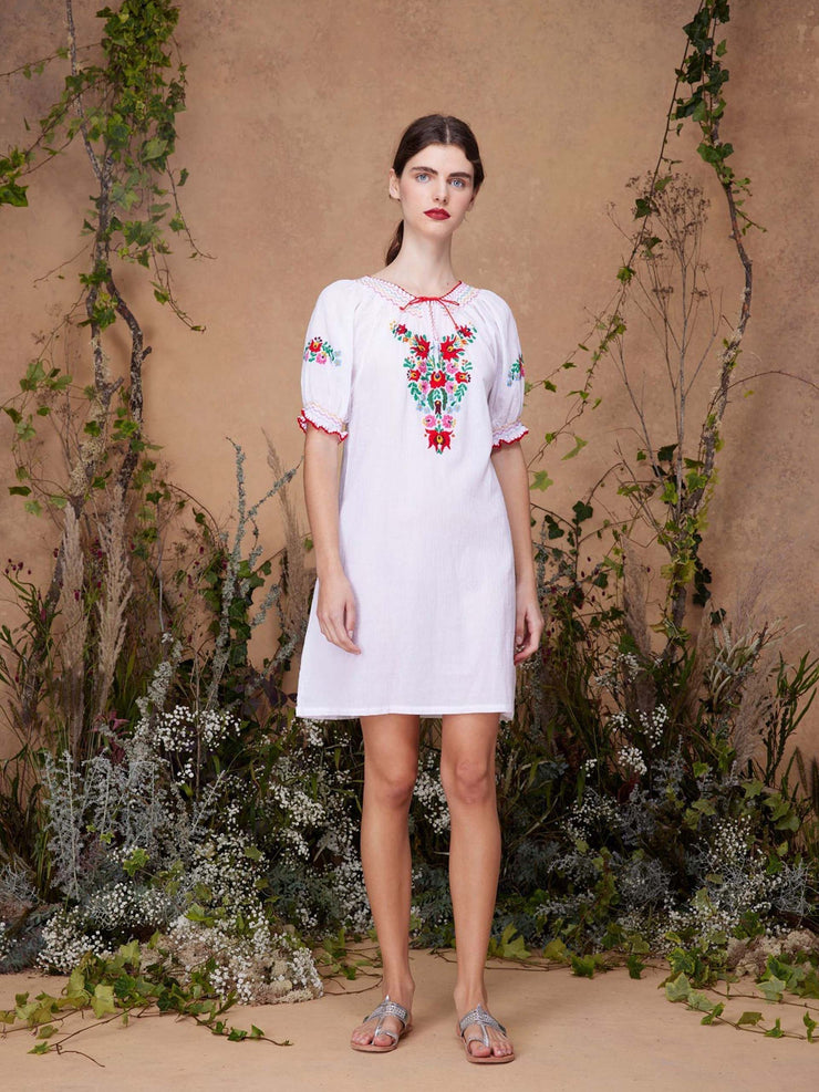 Multi embroidered white mini Eva dress
