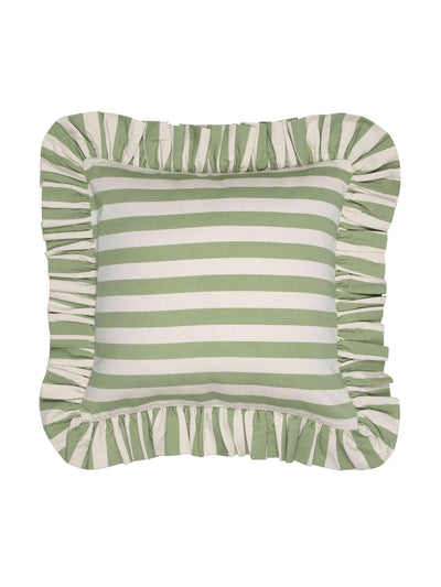 Alice Palmer & Co Green Tangier stripe ruffle cushion at Collagerie