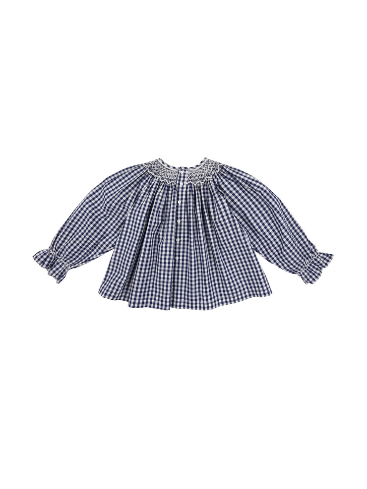 Navy blue gingham Smock London kids blouse with hand-smocked details for the little heroines in your household.  Collagerie.com