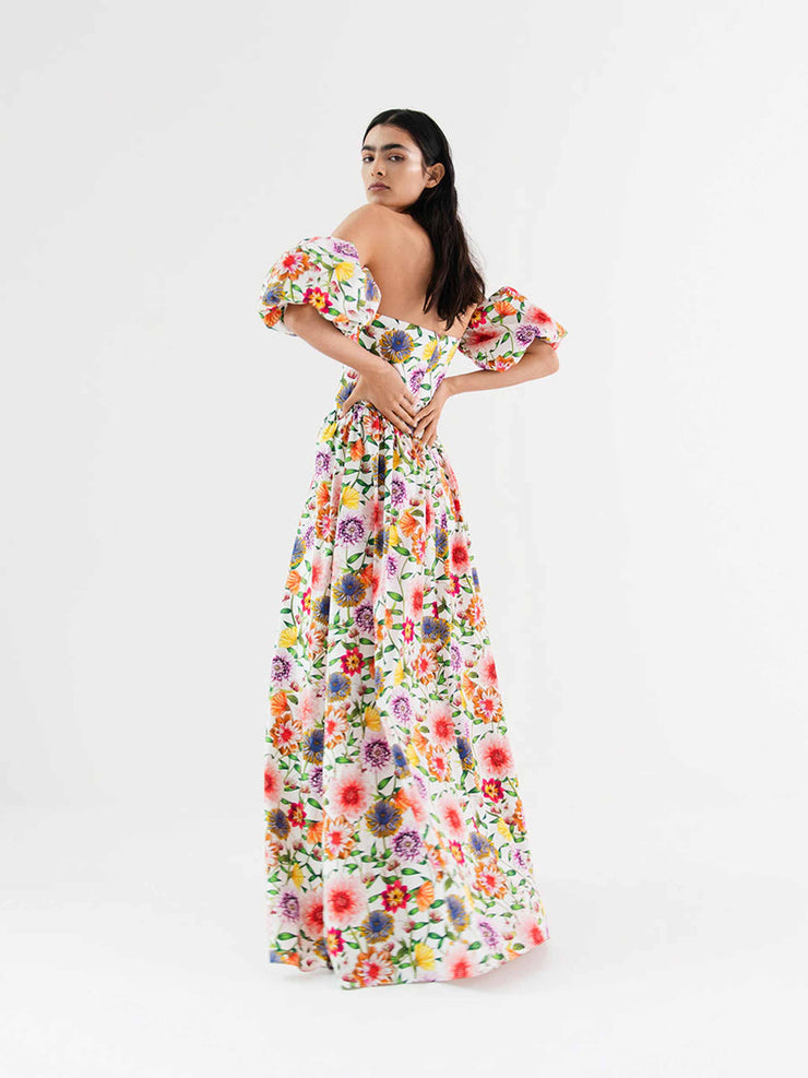 Juliette pink floral-print cotton off the shoulder maxi dress