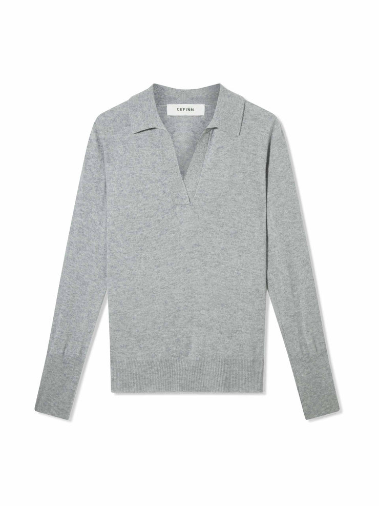 Gillian light grey open collared cashmere jumper