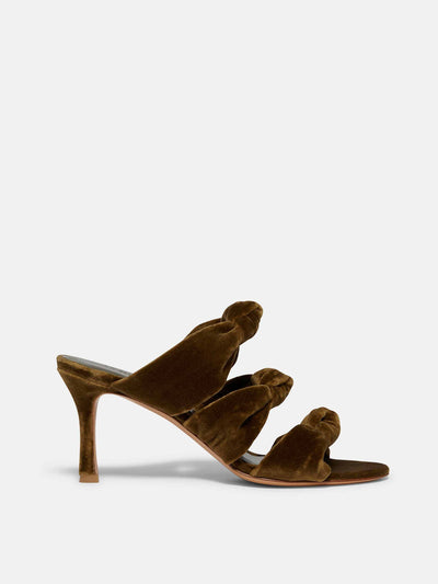 Le Monde Beryl Olive velvet knot sandal heel at Collagerie