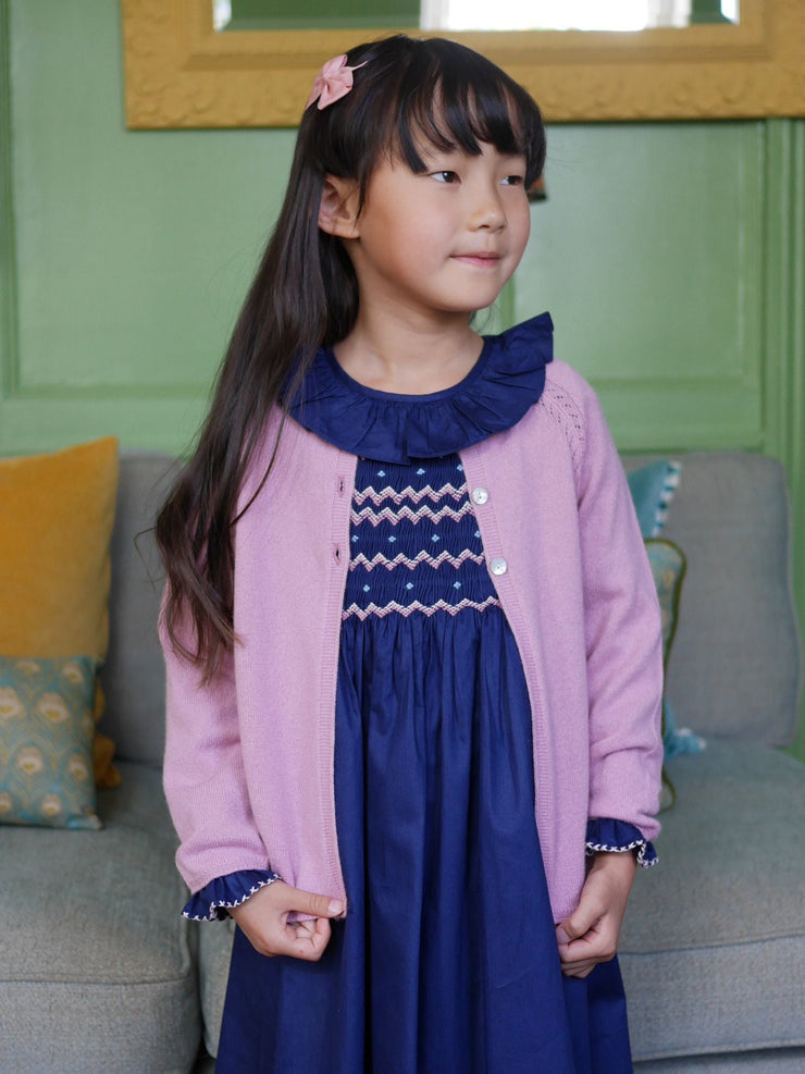 Cashmere tea rose pink Smock London kids classic A-line knitted cardigan for little ladies who feel with the heart. Collagerie.com