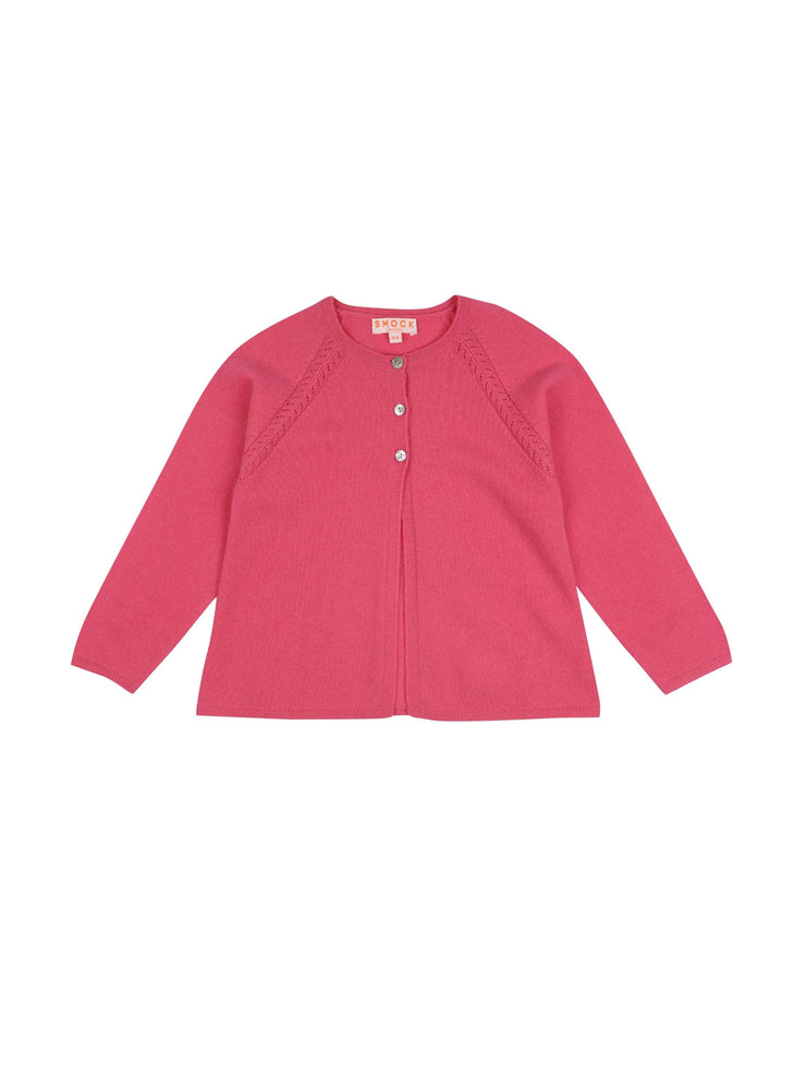 Cashmere watermelon pink Smock London kids classic A-line knitted cardigan for little ladies who feel with the heart. Collagerie.com