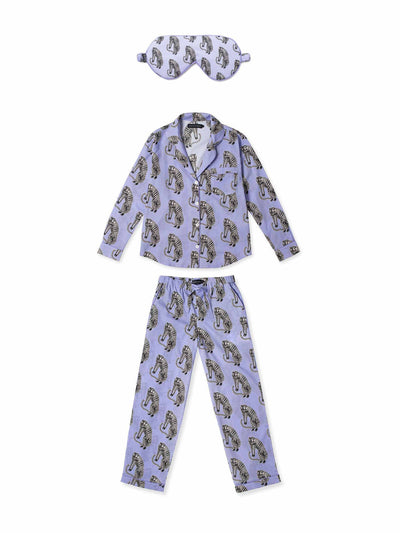 Desmond & Dempsey Idle tigers purple pyjama and eye mask set at Collagerie