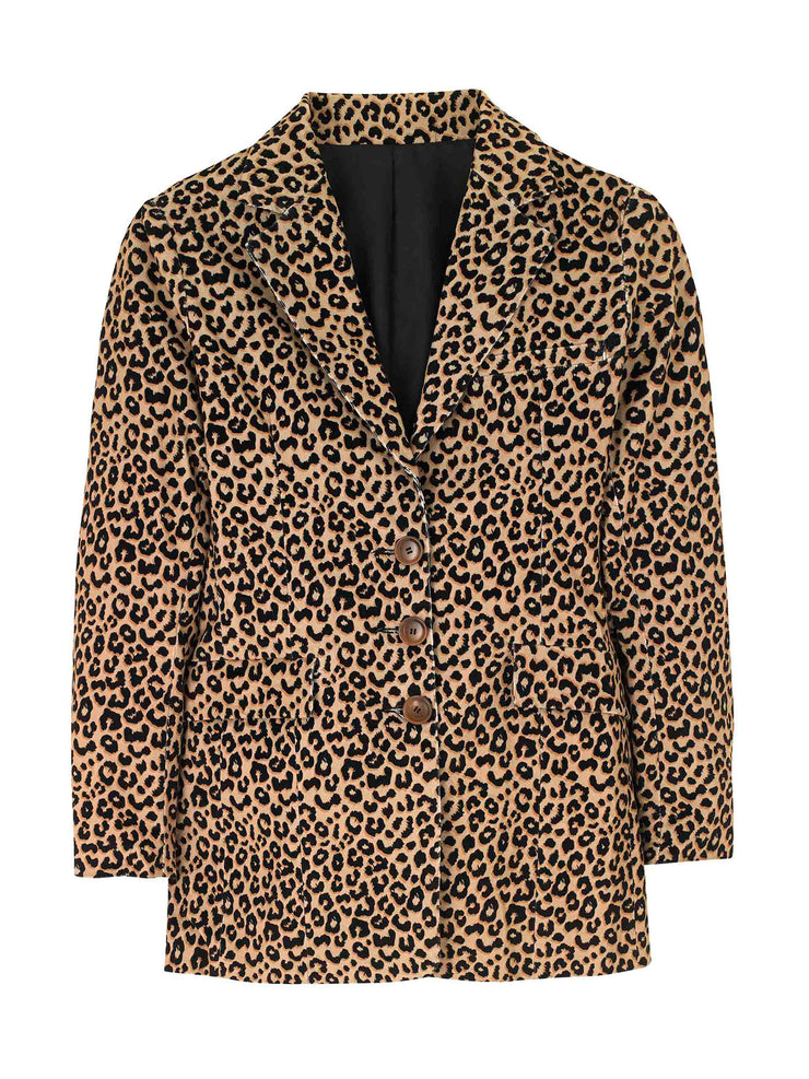 A maximalist leopard print corduroy Yolke jacket that nods to the 70s style blazers with a revival of working girl power dressing vibes. Collagerie.com