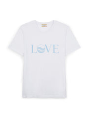Part of the 'Ten-Ten Tees' collection by Exeat. White breathable cotton t-shirt with blue "LOVE" illustrative motif, created by Robin Mackenzie for Exeat | Collagerie.com