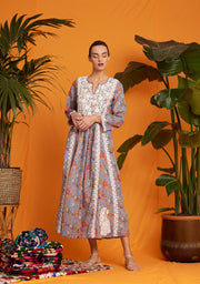 Cotton embroidered dress bihar blessings periwinkle