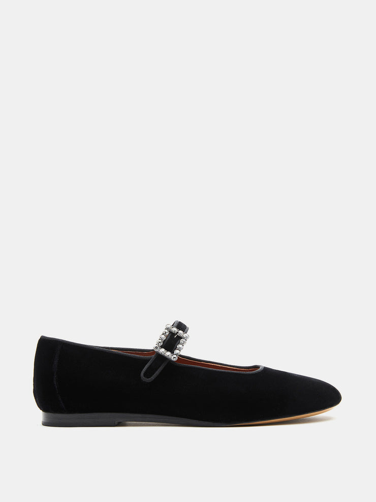 Black velvet Mary Janes with jewel buckle