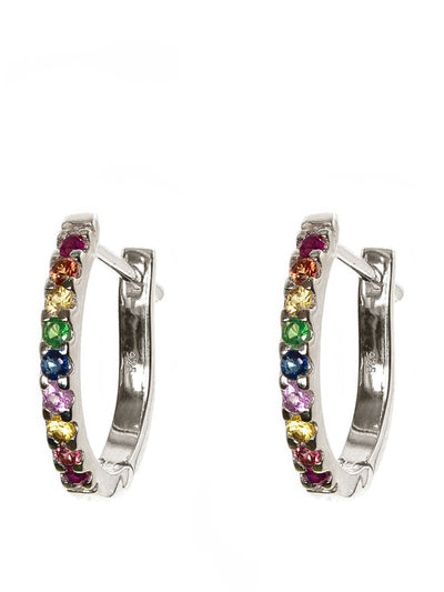 Kirstie Le Marque Mixed stone rainbow and silver huggie hoops at Collagerie
