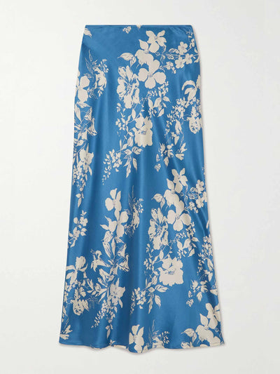 Reformation Blue floral silk skirt at Collagerie