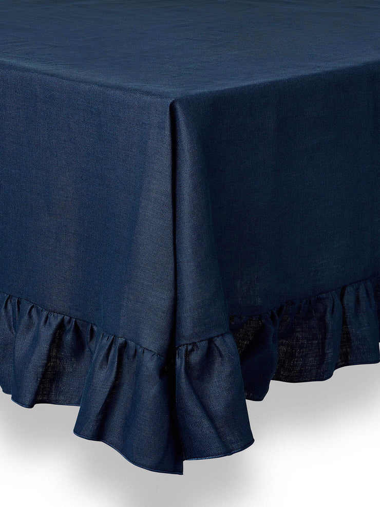 Ruffle Irish navy linen tablecloth