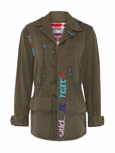 The Jacket Bar Green 'Wild At Heart' blue embroidered army jacket at Collagerie