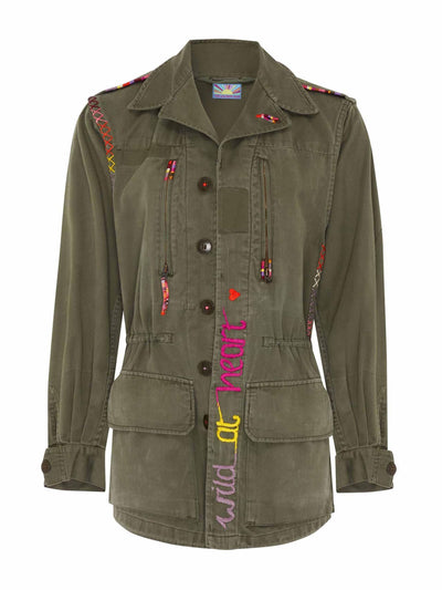The Jacket Bar Green 'Wild At Heart' pink embroidered army jacket at Collagerie