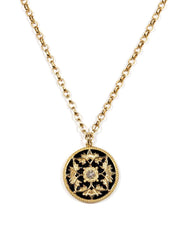 Diamond and black enamel flower coin necklace