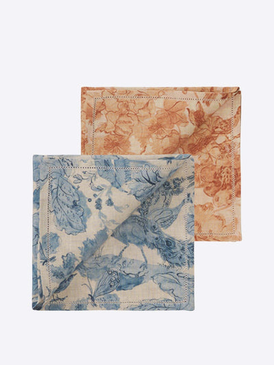 Morpho + Luna Set of 2 blue and orange printed linen napkins at Collagerie