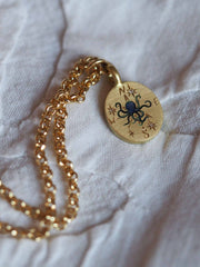 Octopus & compass gold hand-painted enamel necklace