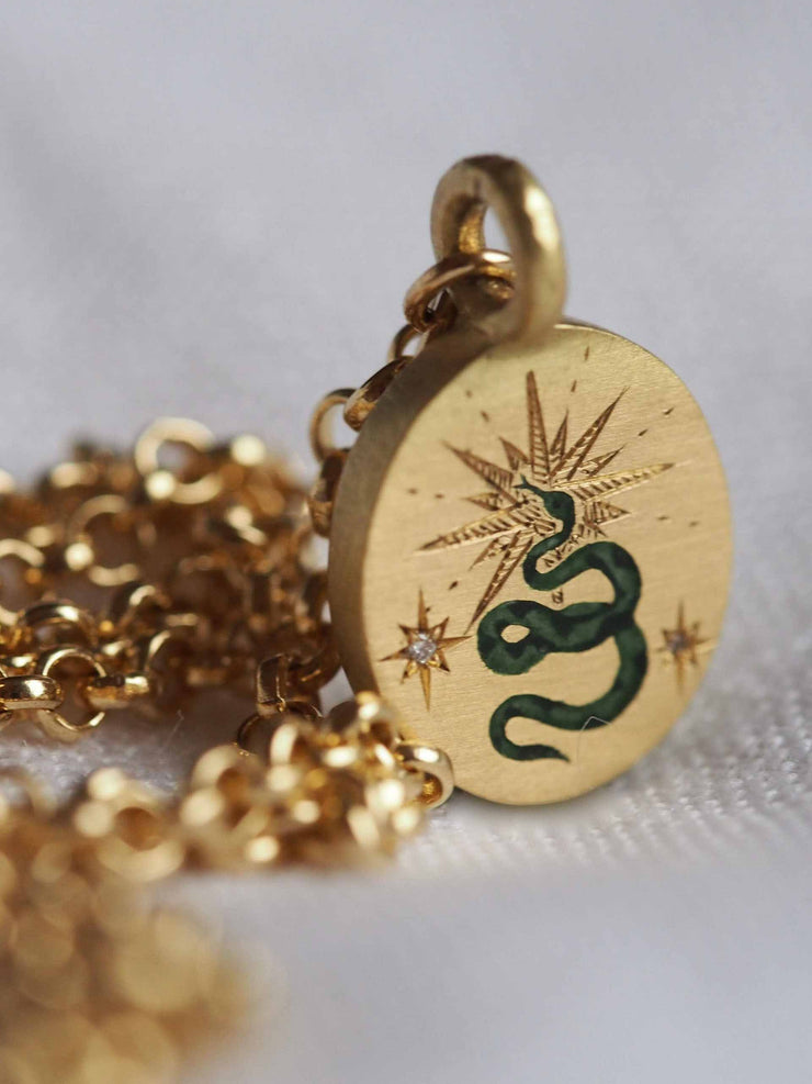 Snake & star gold hand-painted enamel necklace