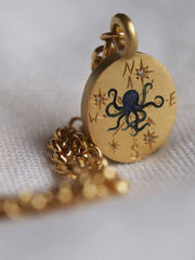 Octopus & compass gold hand-painted enamel necklace