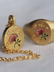 Rose & diamond gold hand-painted enamel necklace