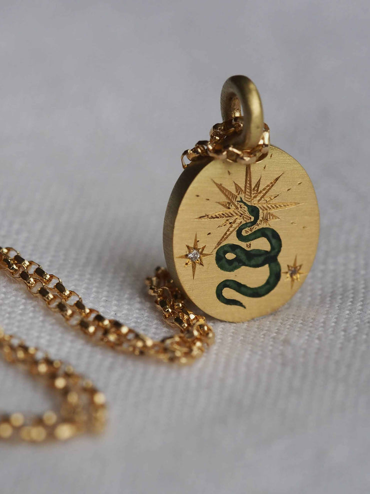 Snake & star gold hand-painted enamel necklace