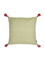 Buriam lime and ticking stripe rose cushion with pink tassels