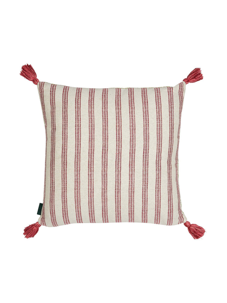 Buriam lime and ticking stripe rose cushion with pink tassels