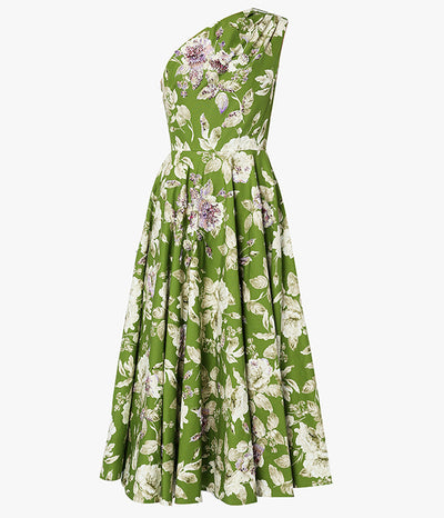 Erdem Johanne green floral faille one-shoulder dress at Collagerie