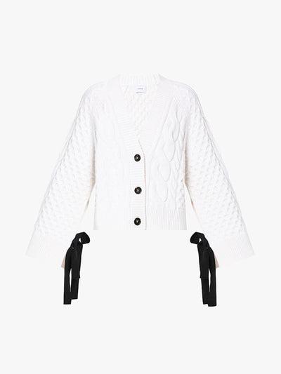 ERDEM Agatha white cardigan with black ribbon detail at Collagerie